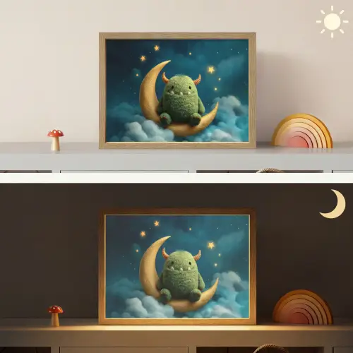 Monster - Groen - Maan - Wolken Light Box met batterij (Wandlamp kind) middel -sfeer3_kind