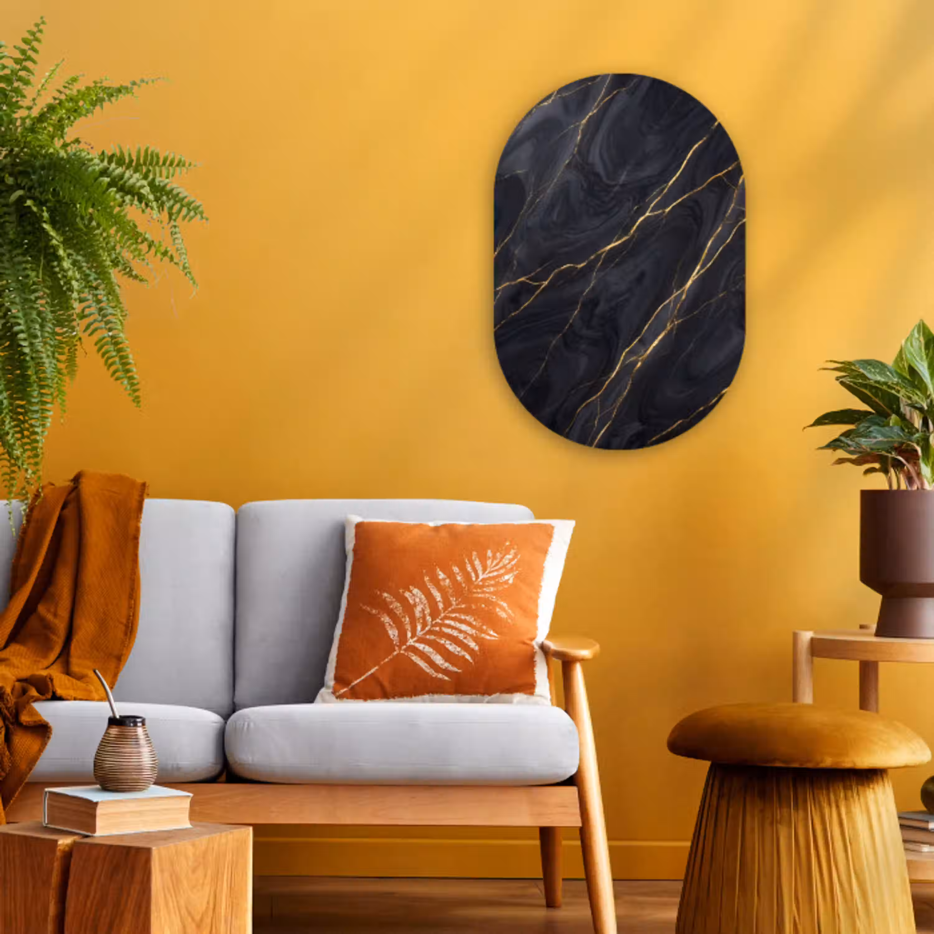 Marmer - Goudaders - Abstract - Modern - Zwart Wandcirkel Ovaal Forex klein -sfeer4