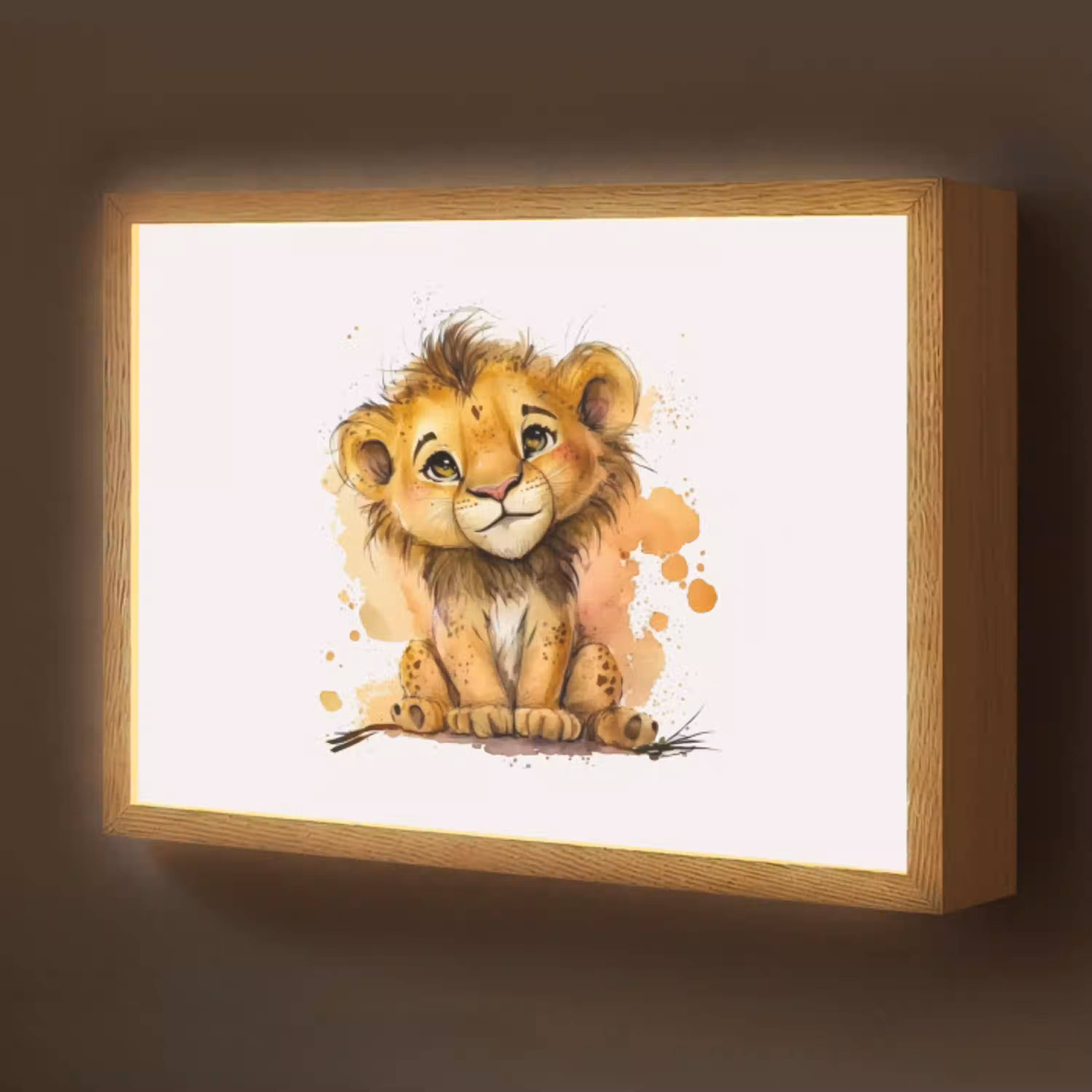 Leeuw - Waterverf - Bruin - Dieren - Meisjes - Jongens Light Box met batterij (Wandlamp kind) middel -z3d_website