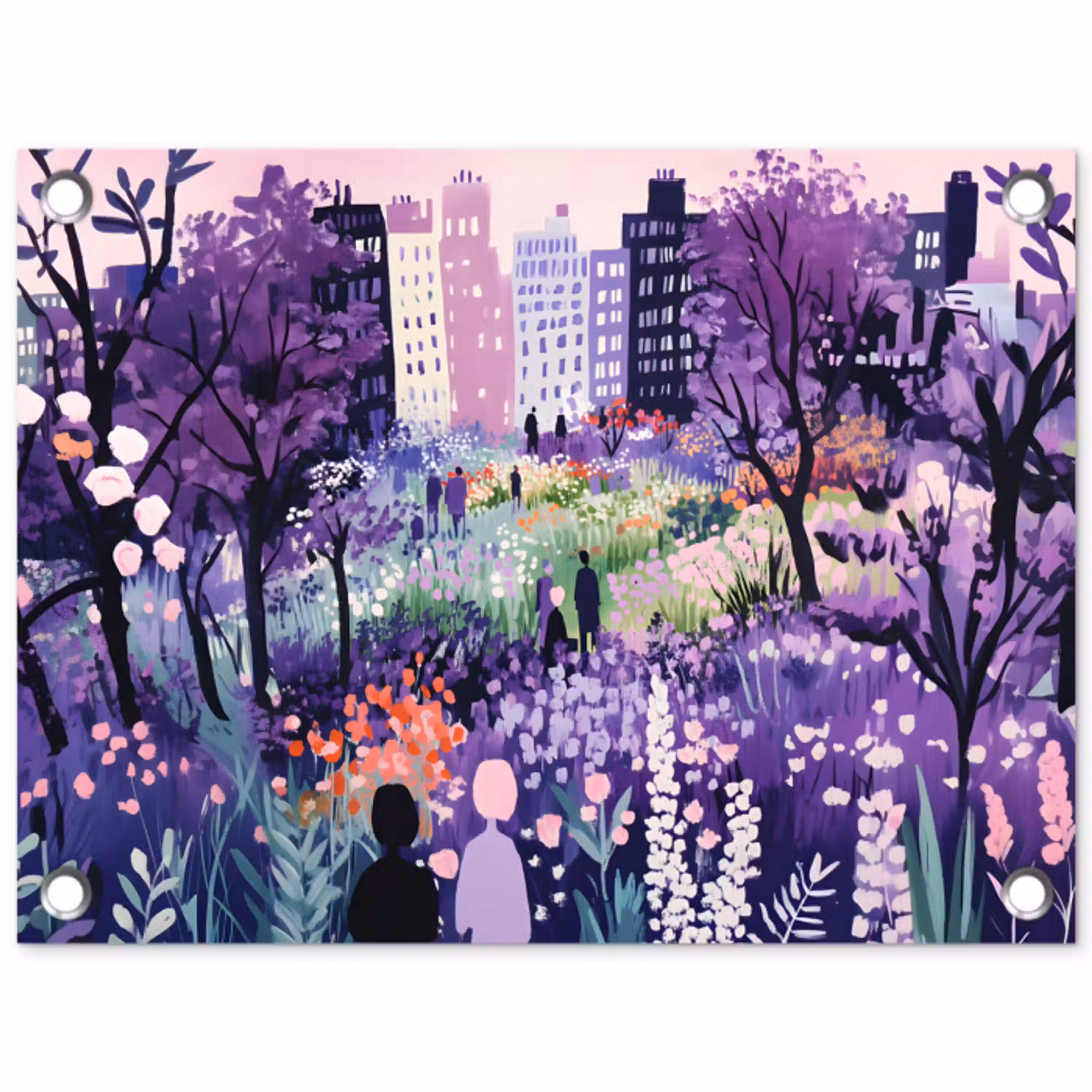 Park - Bomen - Bloemen - Gebouwen tuinposter los doek klein -3d