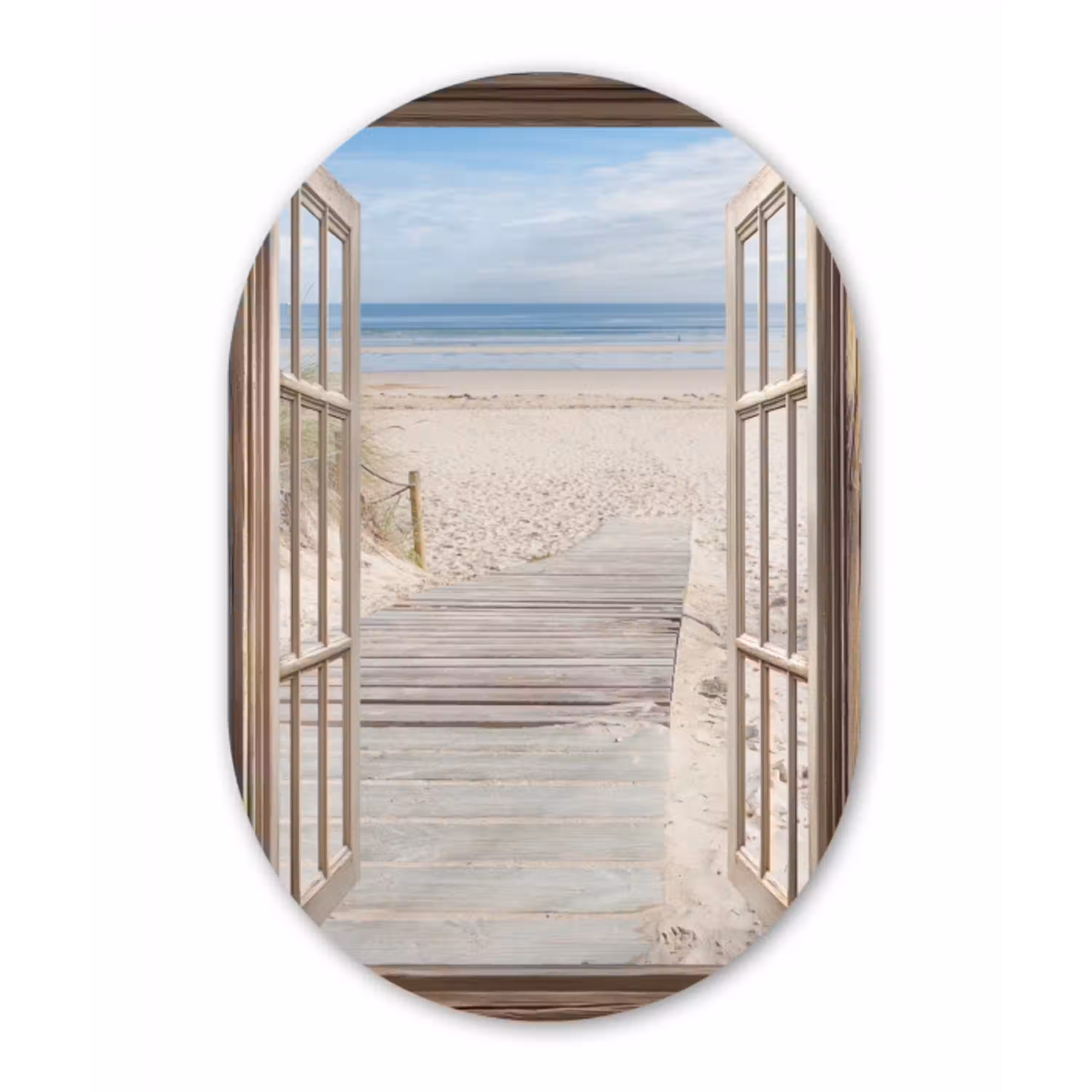 Doorkijk - Strand - Duinen - Pad - Landschap Wandcirkel Ovaal Aluminium middel -3d