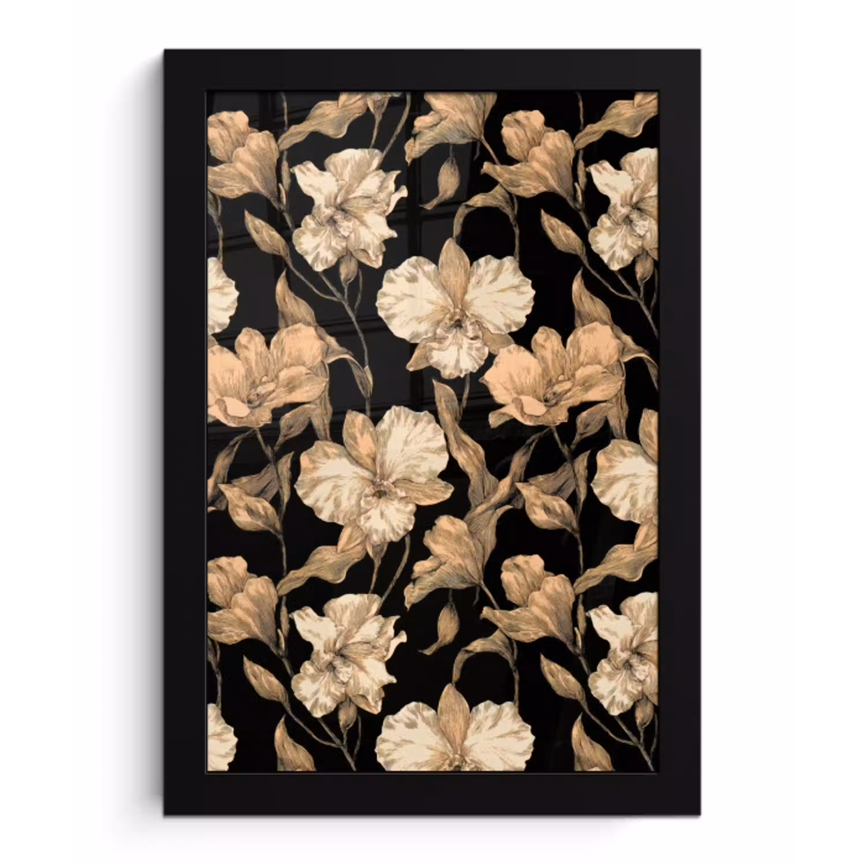 Orchideeën - Lijntekening - Patroon - Beige - Zwart fotolijst zwart zonder passe partout klein 224 -3d