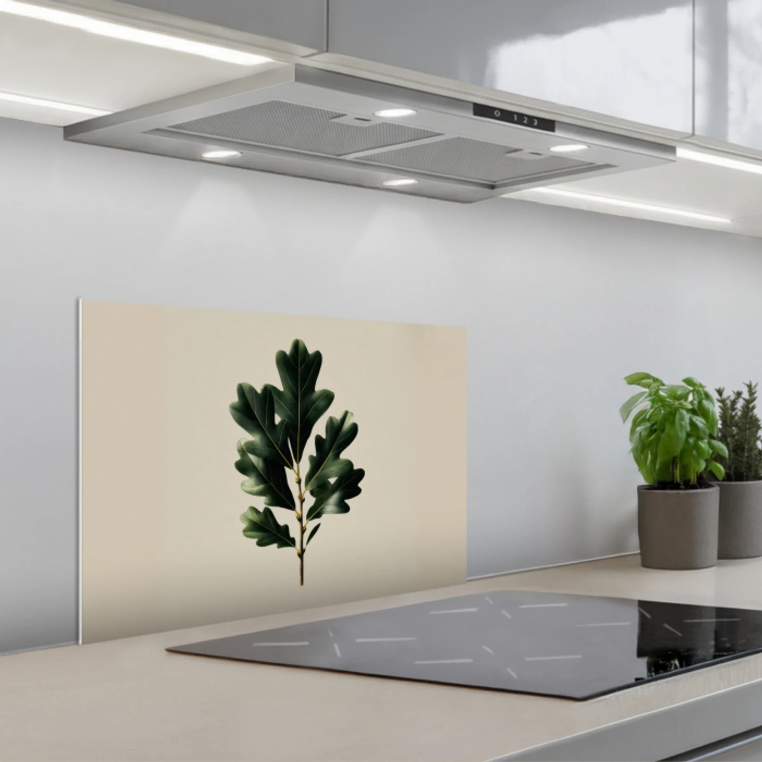 Eikenbladeren - Beige - Groen - Golvende randen keuken achterwand spatscherm klein -3d_schuin
