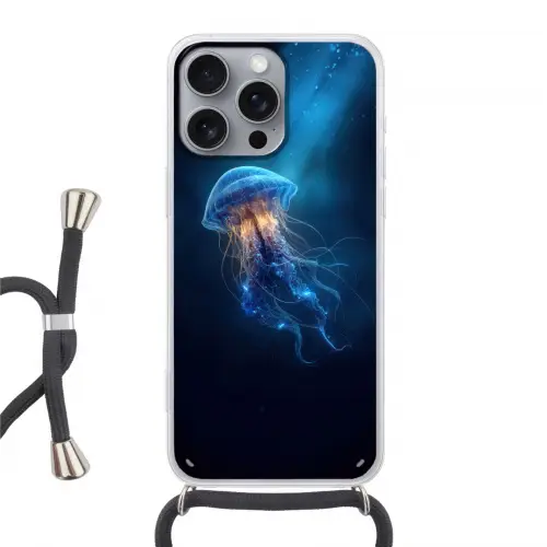 Kwal - Lichtgevend - Tentakels - Blauw Hoesje iPhone 16 Pro Max met koord klein -3d