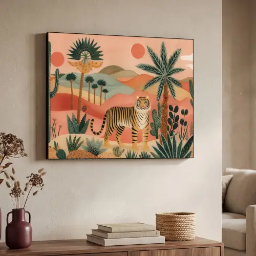 Tijger - Kleurrijk - Palmen - Cactus Textielframe zwart klein -sfeer3
