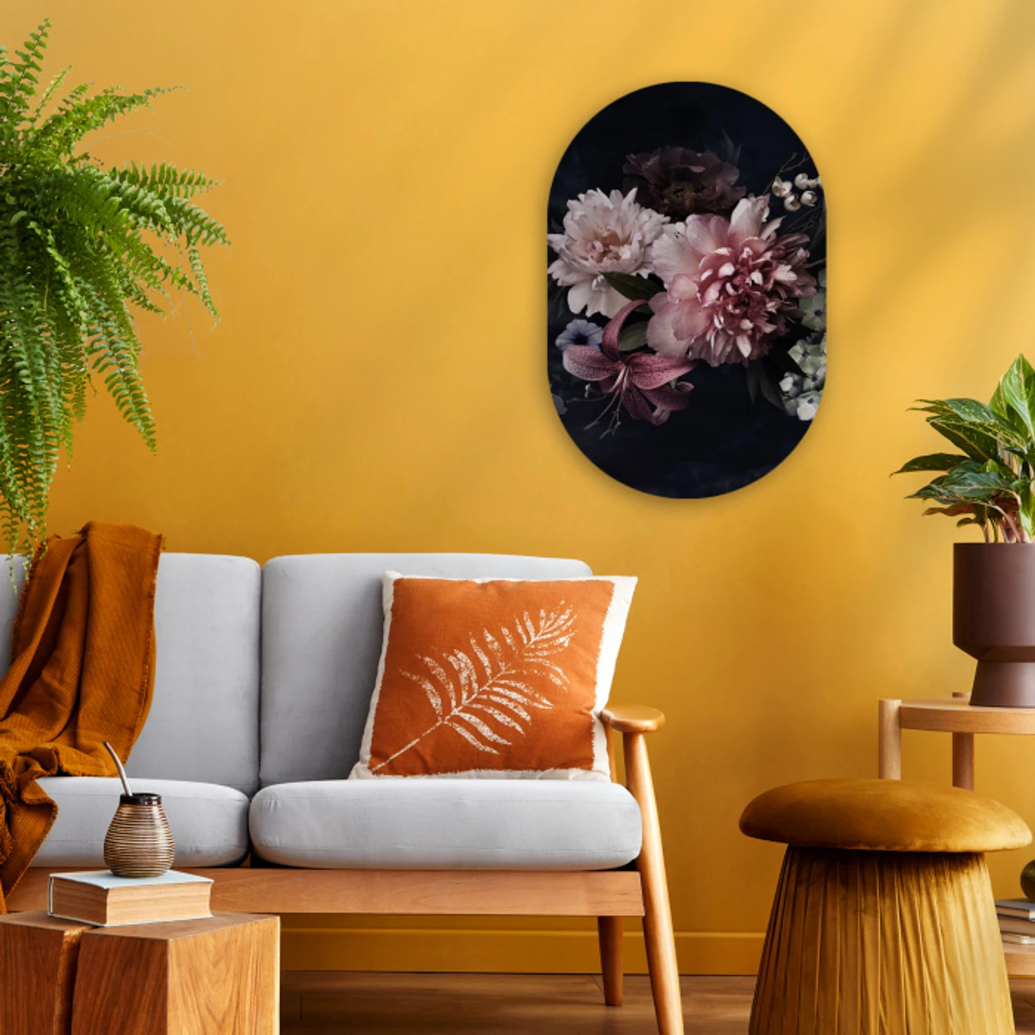 Bloemen - Vintage - Pastel - Zwart - Boeket Wandcirkel Ovaal Forex klein -sfeer4