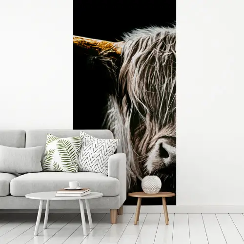 Schotse hooglander - Goud - Hoorns - Zwart wit - Koe - Dieren fotobehang vinyl groot -woonkamer