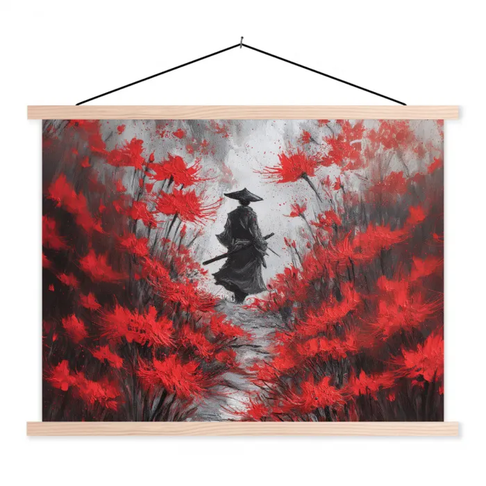Rode bloemen - mistig - Man textielposter latten blank klein -3d