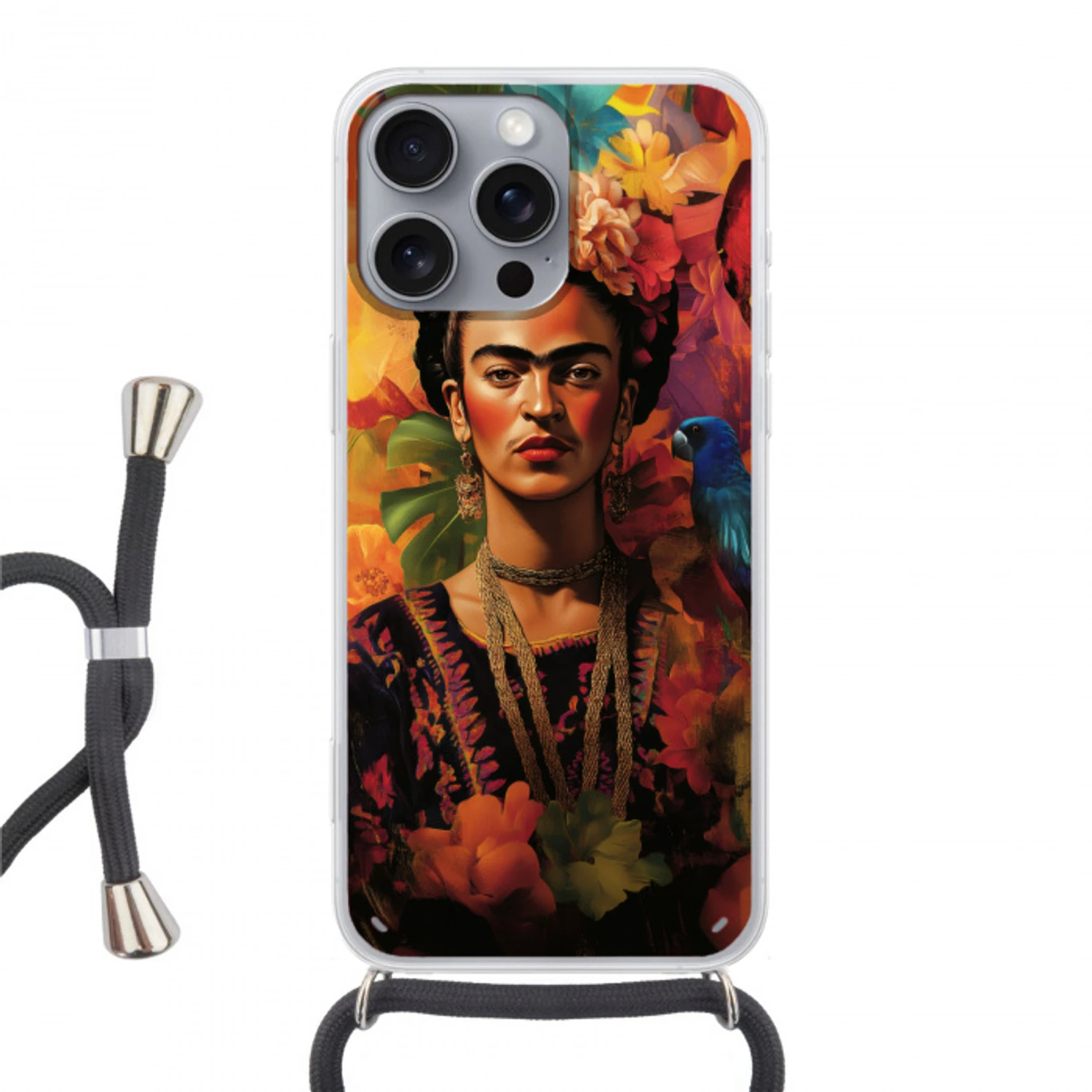 Vrouw - Bloemen - Papegaai - Schilderachtig Hoesje iPhone 16 Pro Max met koord klein -3d