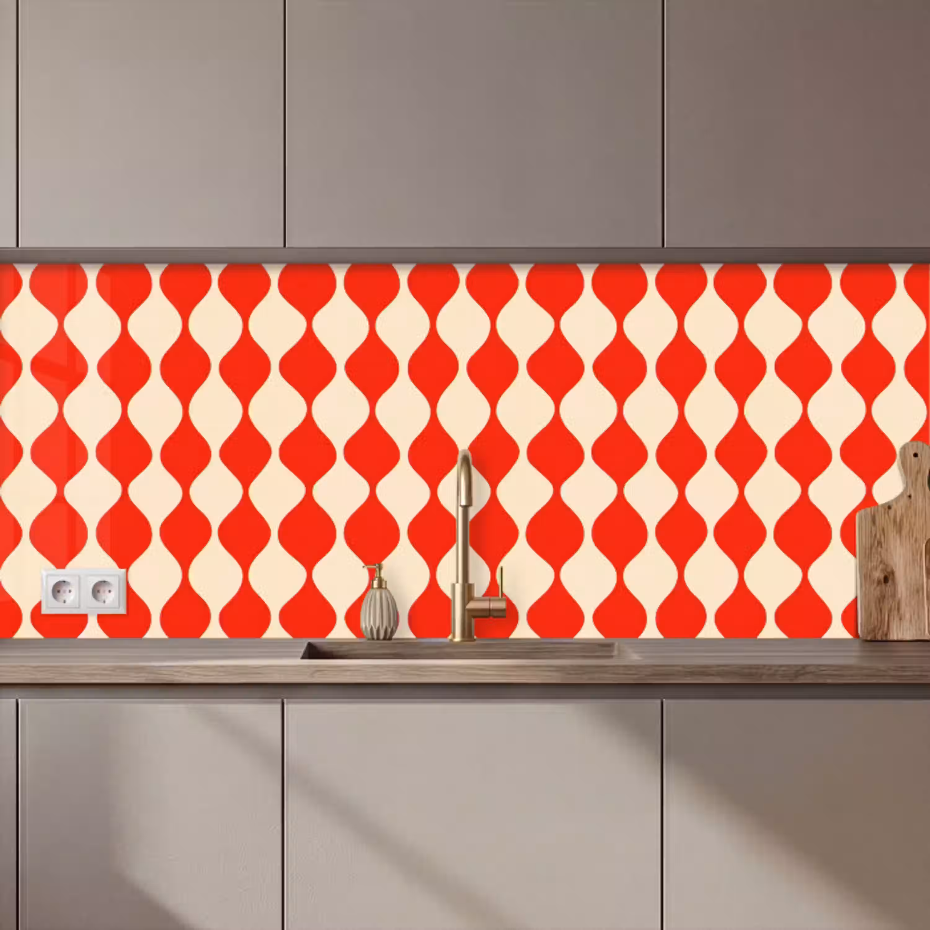 Golvend patroon - Retro - Rood - Beige keuken achterwand 2 middel 871 zz_3dshopping