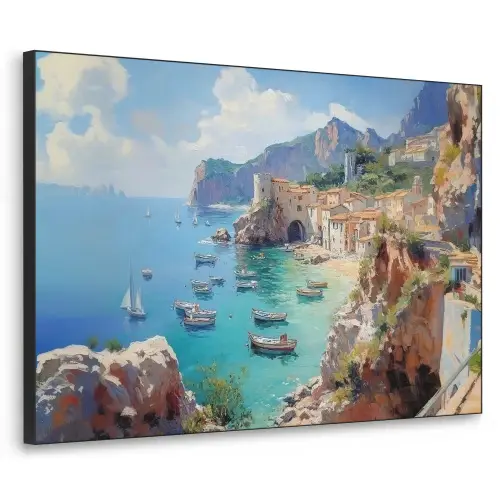 Kustdorp - Schilderij - Rotsen - Boten Textielframe zwart klein -3d