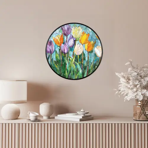 Mozaïek - Veld - Tulpen - Kleurrijk Fotolijst rond zonder passe partout klein -sfeer3