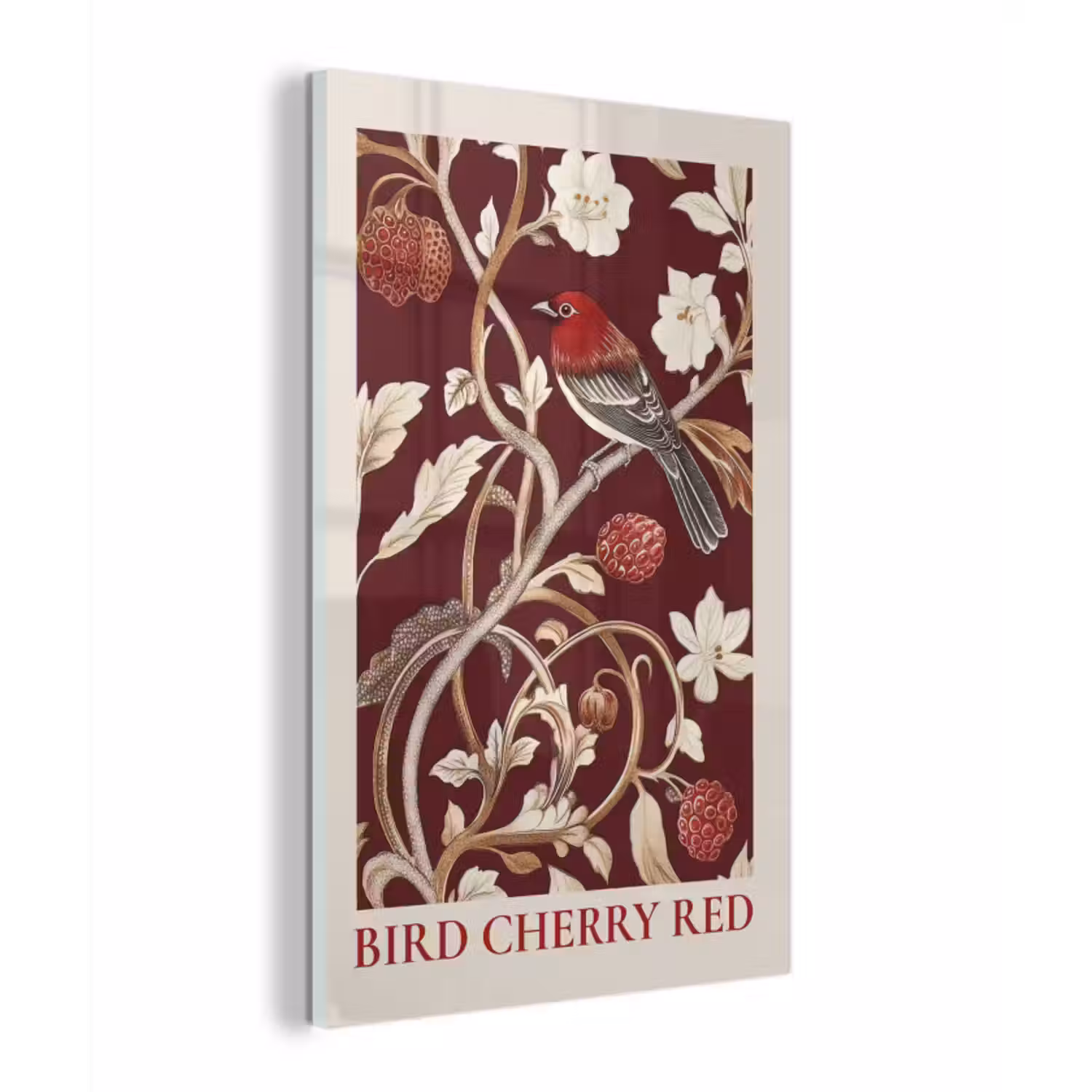 Glas schilderij - Vogel - Bordeaux - Bloemen - Bessen
