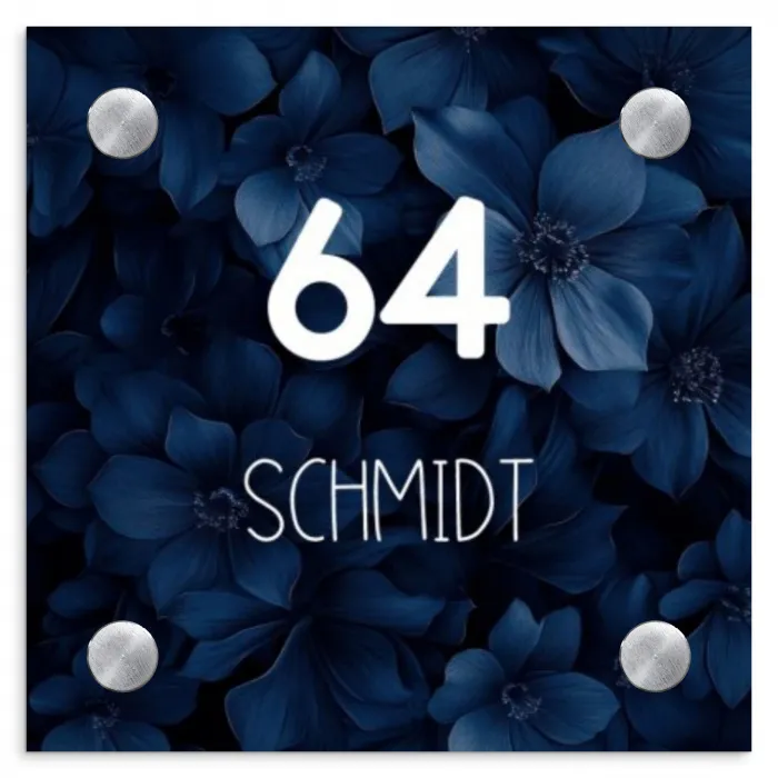 Blauwe bloemen - Modern Naambord Vierkant klein -3d