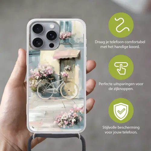 Fiets - Pastelkleuren - Bloemen Hoesje iPhone 16 Pro Max met koord klein -sfeer2_NL