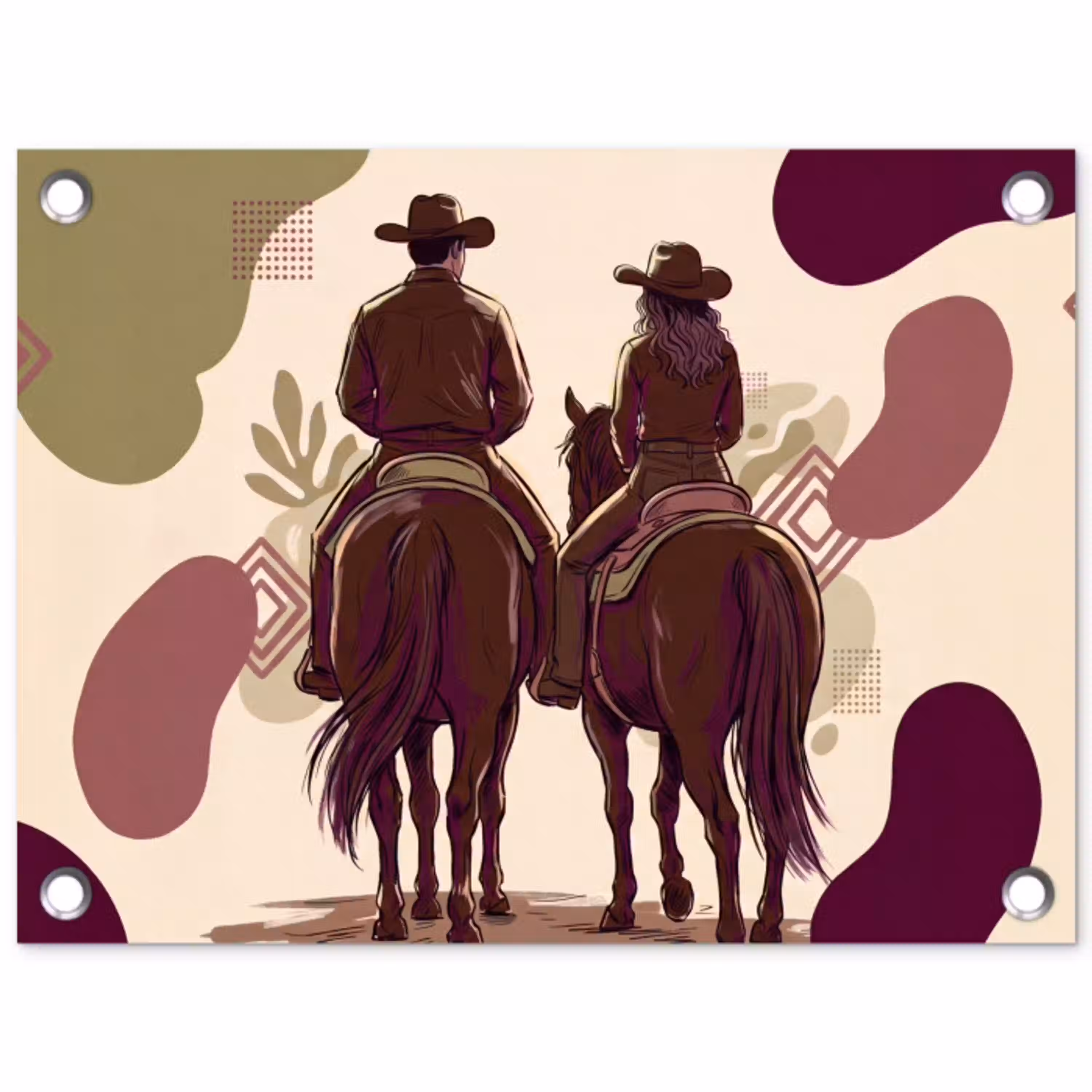 Mensen - Ruiters - Western - Illustratie - Bruin tuinposter los doek klein -3d