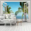 Doorkijk - Strand - Palmboom - Boot - Tropisch - Zee - Blauw fotobehang vinyl groot -woonkamer
