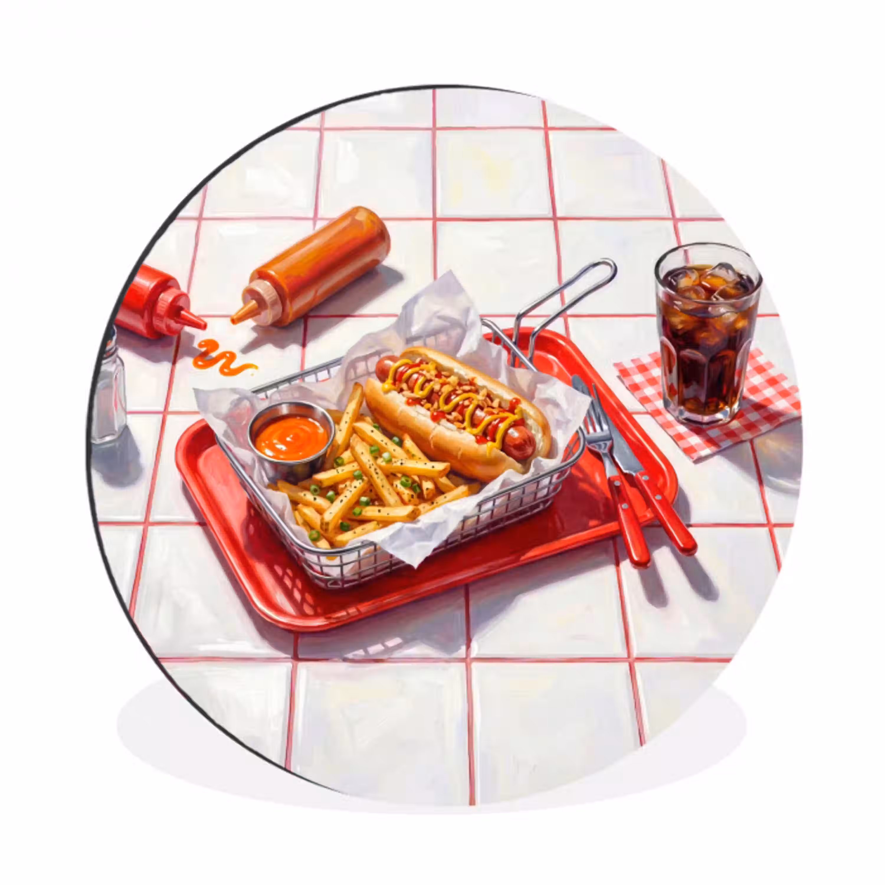 Eten - Hotdog - Fastfood - Modern - Rood Wandcirkel aluminium klein -3d