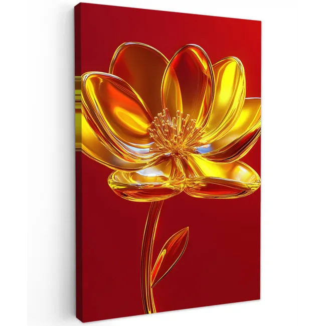 Bloem - Goud - Glazen Tuinposter op houten frame 2 cm dik klein -3d