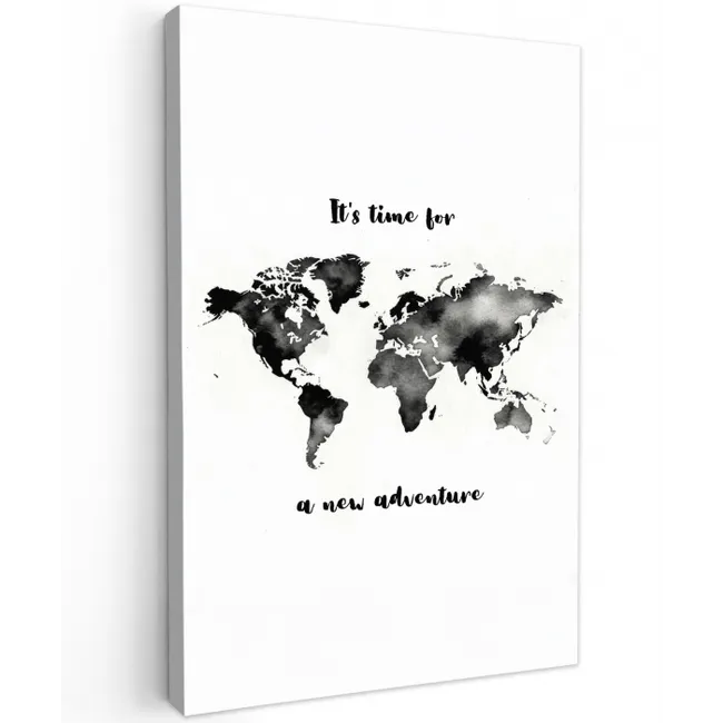 Avontuur - Quote - Wereldkaart - Zwart Tuinposter op houten frame 2 cm dik middel -3d