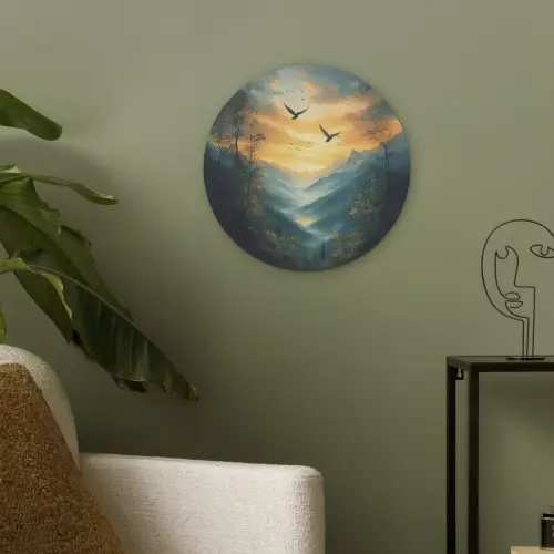Vogels - Zon - Bomen - Groen Akoestische PET Vilt - Rond klein -sfeer2
