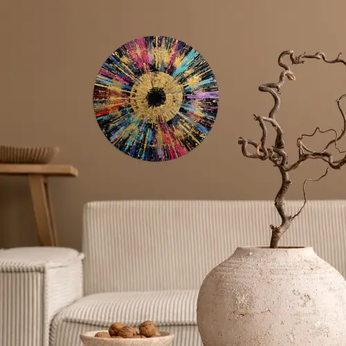Explosie - Goud - Kleurrijk - Abstract Wandcirkel behangsticker klein -sfeer1