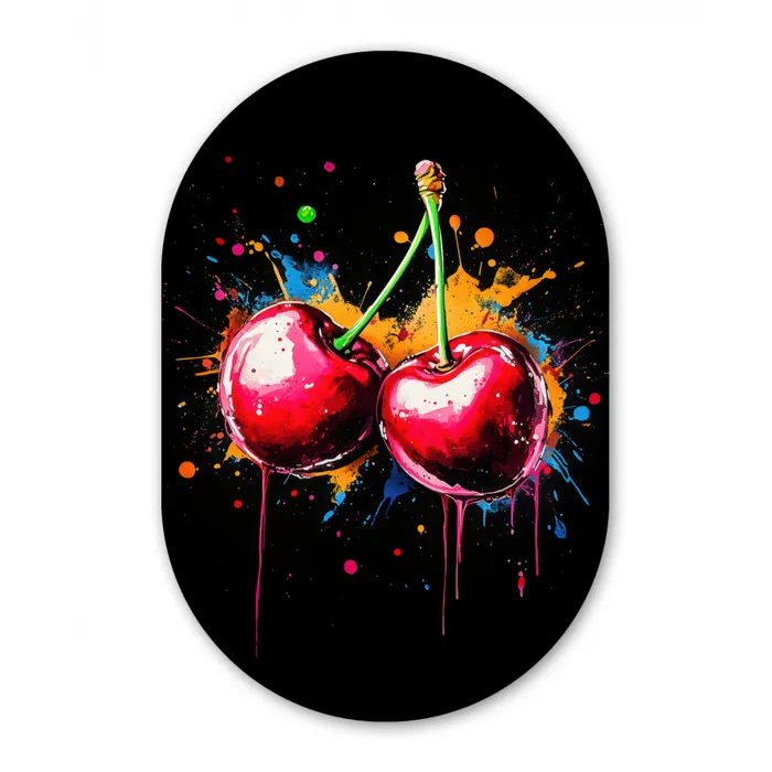 Kersen - Fruit - Graffiti - Verf - Abstract - Modern - Kleurrijk Wandcirkel Ovaal Glas middel -3d
