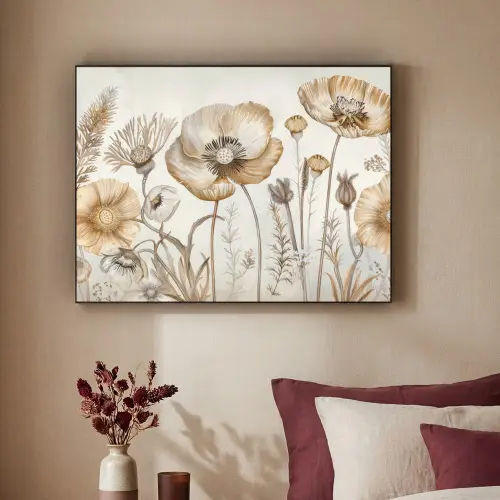 Bloemen - Beige - Natuur - Illustratie Textielframe zwart klein -sfeer1
