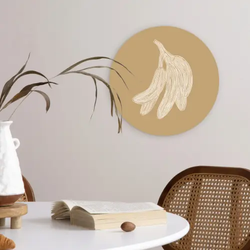 Bananen - Beige - Lijntekening - Minimalistisch Wandcirkel kunststof plaat 5mm dik klein -sfeer4
