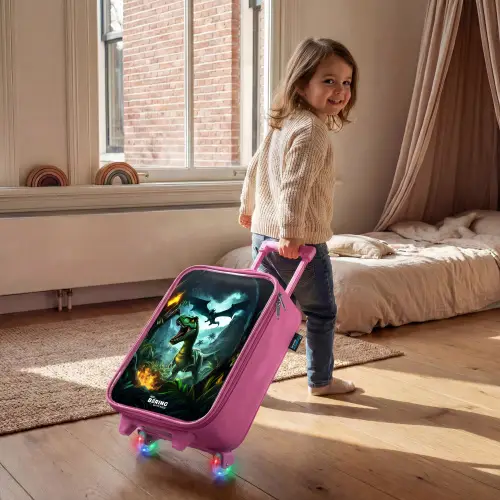 Dinosaurus en draak in vurige junglevallei Kinderkoffer - Roze klein -sfeer1
