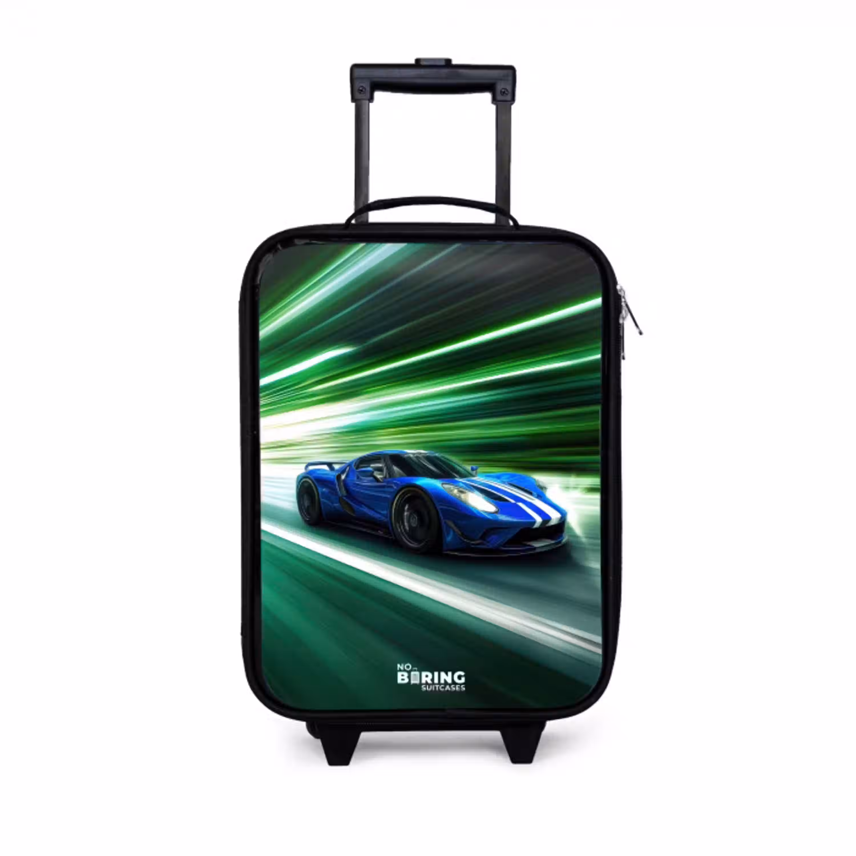 Blauwe raceauto met strepen in groene tunnel Kinderkoffer - Zwart klein -3d