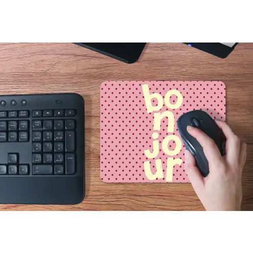 Bonjour - Stippen - Roze- Geel muismat rubber klein -toetsenbord