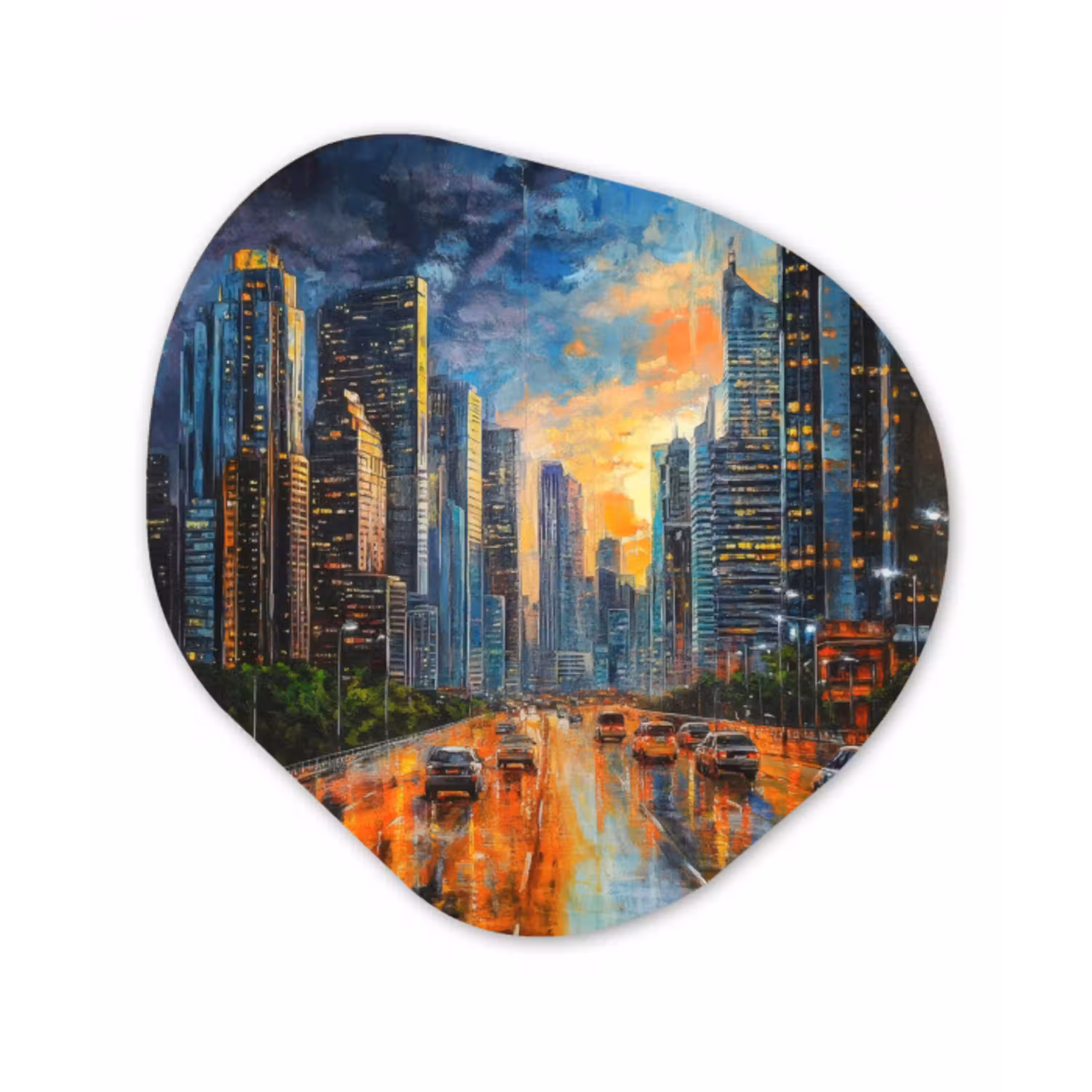 Auto - Skyline - Zon - Blauw Wandcirkel Organisch Forex 3mm klein -3d