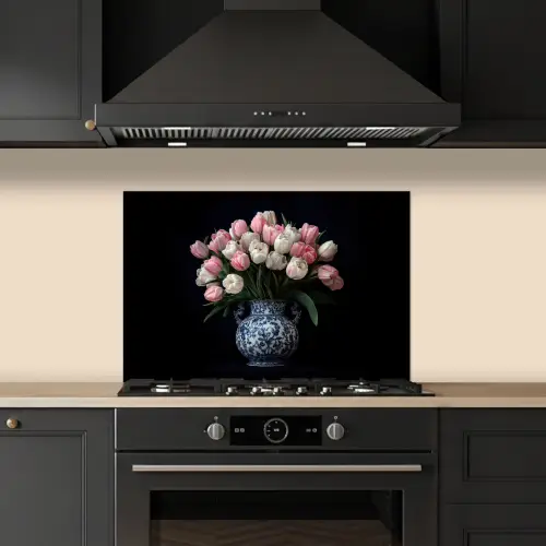 Bloemen - Roze - Tulpen - Vaas keuken achterwand spatscherm klein -sfeer1