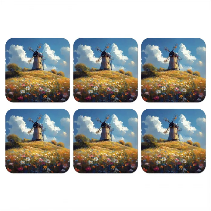 Windmolen - Heuvel - Bloemen - Kleurrijk onderzetter kurk middel -3d