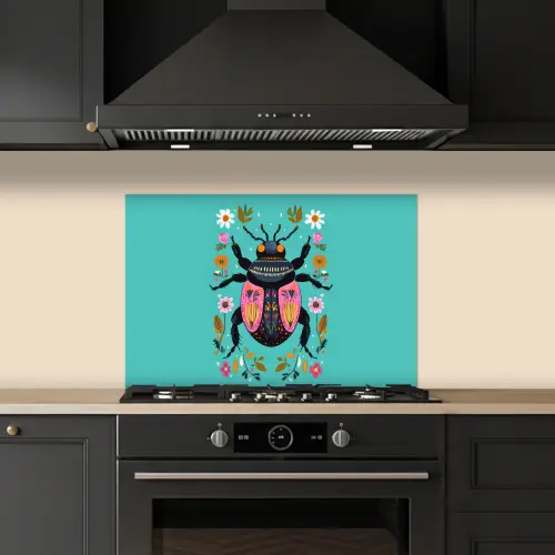 Kever - Bloemmotieven - Turquoise - Bladeren keuken achterwand spatscherm klein -sfeer1