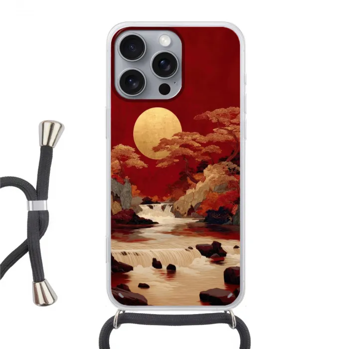 Volle maan - Landschap - Waterval Hoesje iPhone 16 Pro Max met koord klein -3d