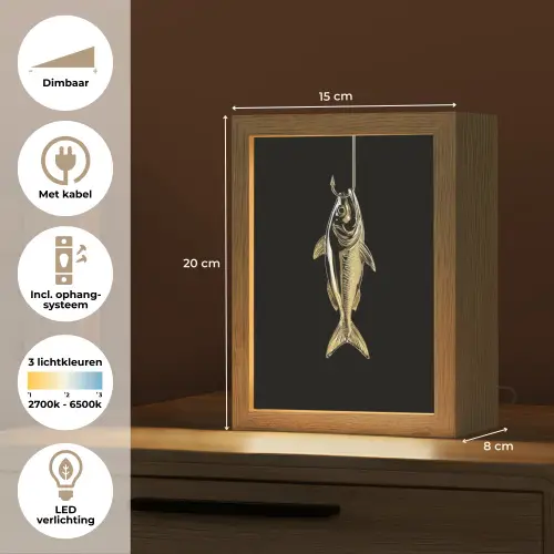 Goud - Vis - Haak - Zwart Light Box met kabel (Tafellamp) klein -USP_NL