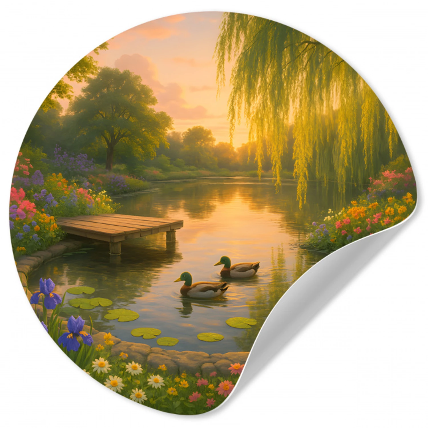 Eenden - Vijver - Bloemen Wandcirkel behangsticker klein -3d