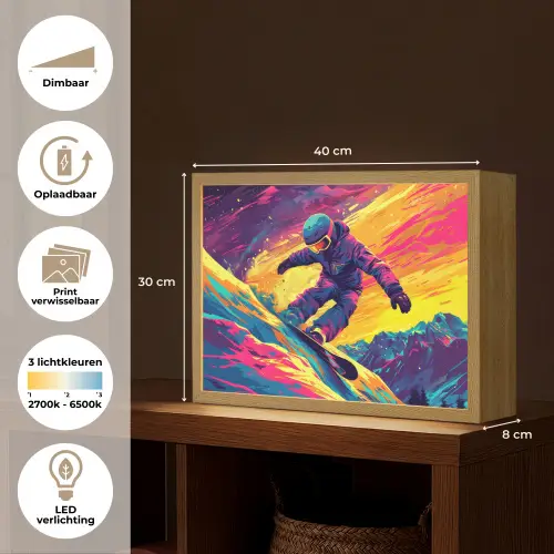 Snowboarden - Sneeuw - Kleurrijk Light Box met batterij (Wandlamp kind) middel -USP_websiteoverzichtNL