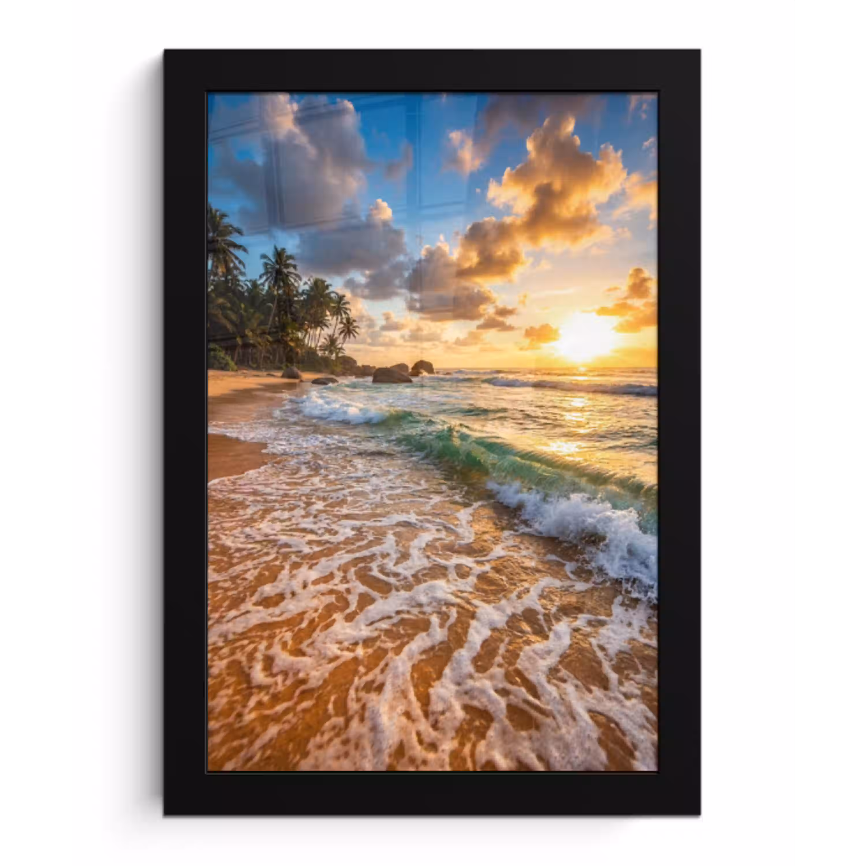 Strand - Zonsondergang - Golven - Natuur - Goud fotolijst zwart zonder passe partout klein -3d