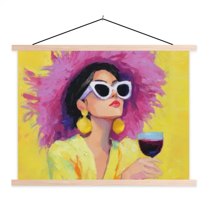 Vrouw - Hoed - Paars - Wijn textielposter latten blank klein -3d