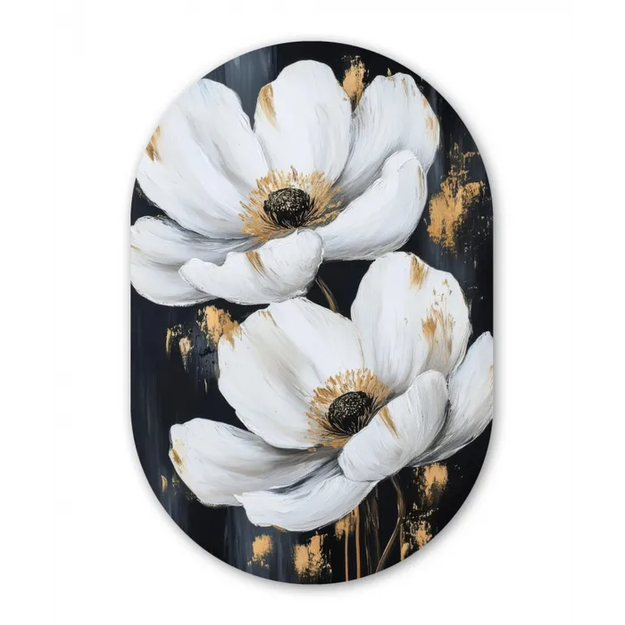 Bloemen - Wit - Abstract Wandcirkel Ovaal Glas middel -3d