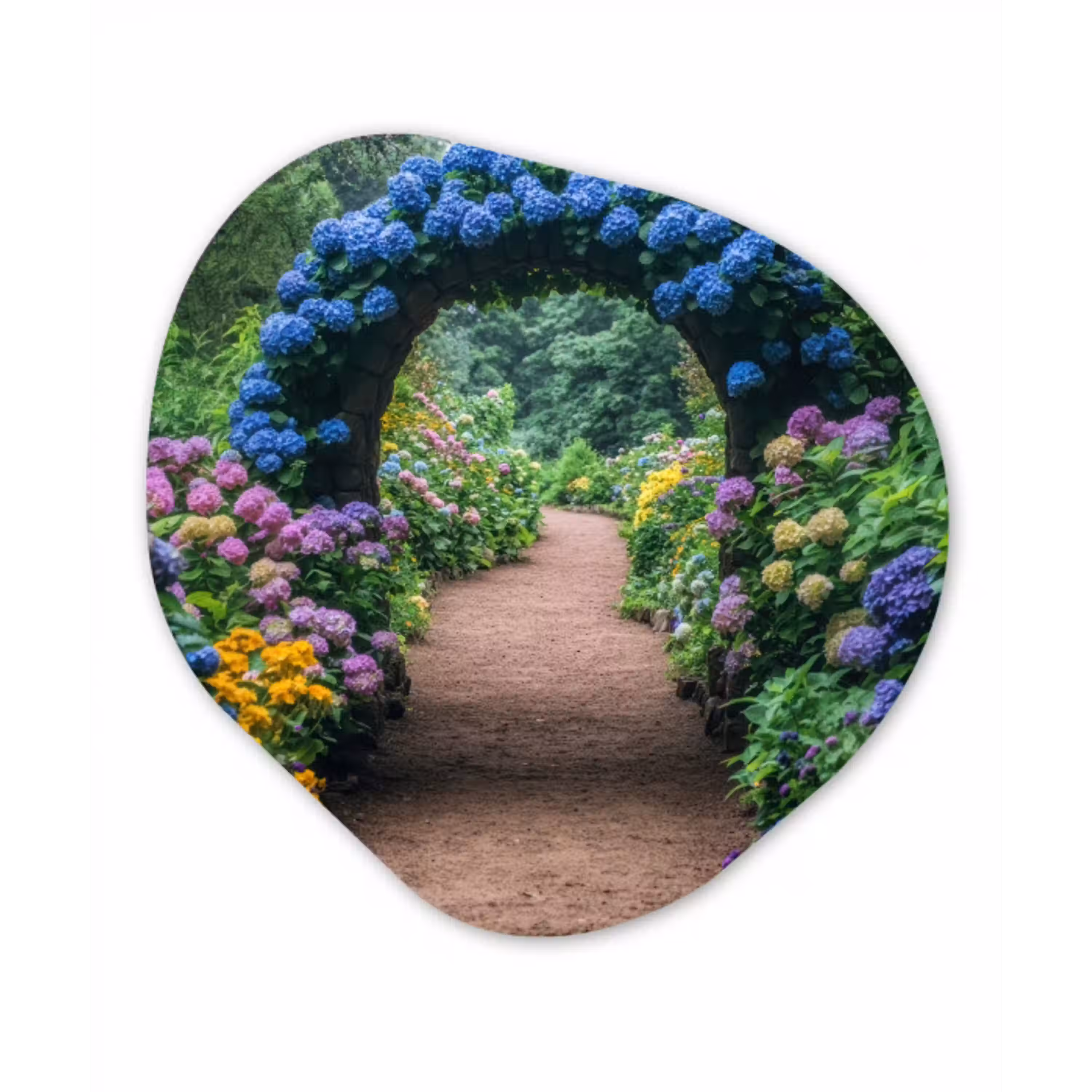 Doorkijk - Bloemen - Hortensia - Pad Wandcirkel Organisch Plexiglas middel -3d