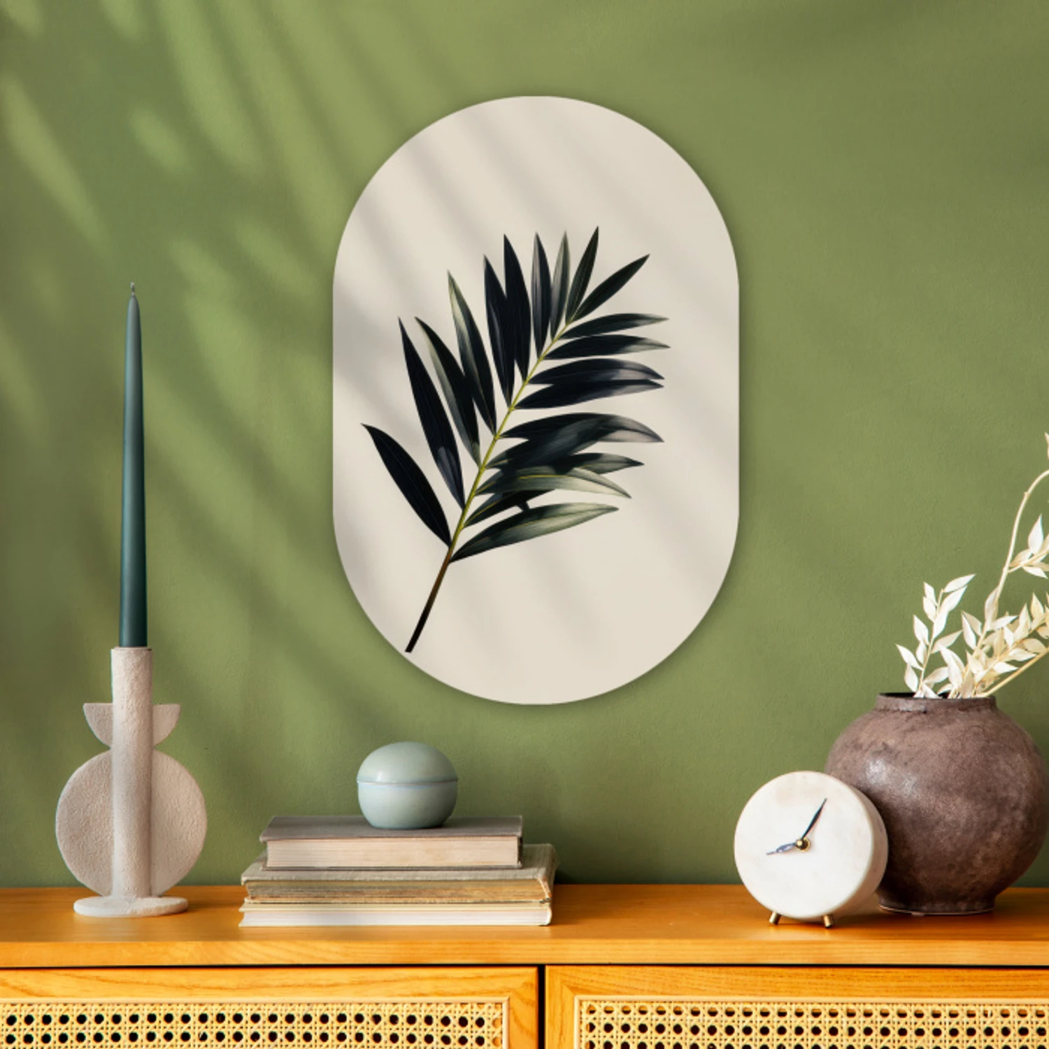 Palmblad - Subtiel - Groen - beige Wandcirkel Ovaal Forex klein -sfeer2