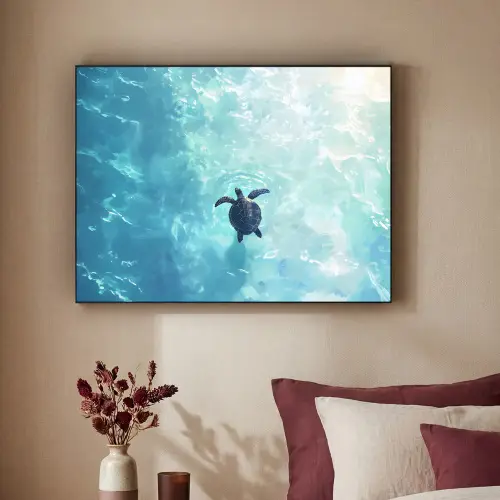 Schildpad - Zee - Blauw - Schittering Textielframe zwart klein -sfeer1