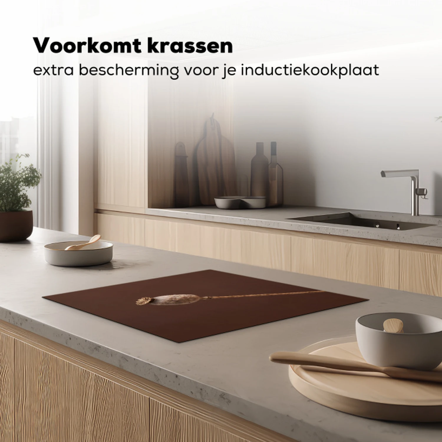 Papaverbol - Droogbloem - Bruin - Minimalistisch Inductie beschermer vinyl 3mm middel -sfeer1