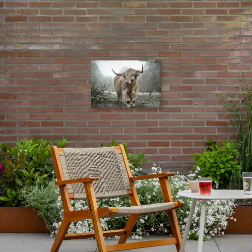 Schotse hooglander - Natuur - Herfst - Dieren - Wild - Bos Tuinposter op houten frame 2 cm dik klein -sfeer3