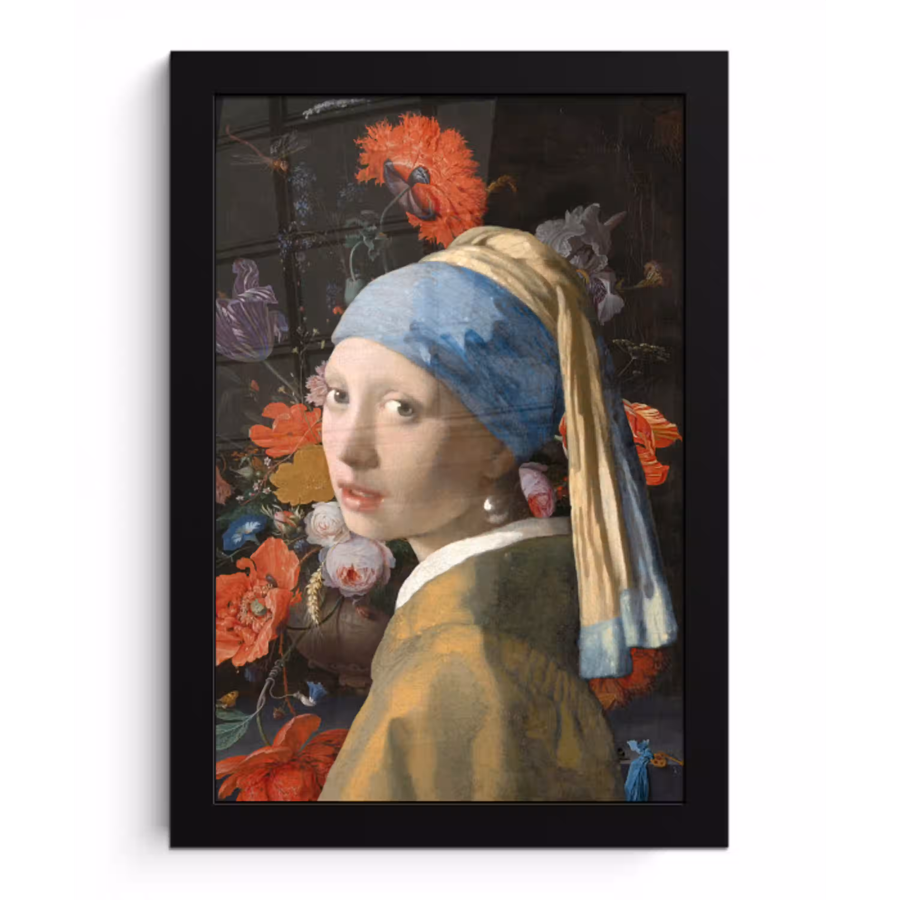Meisje met de parel - Johannes Vermeer - Bloemen fotolijst zwart zonder passe partout klein -3d