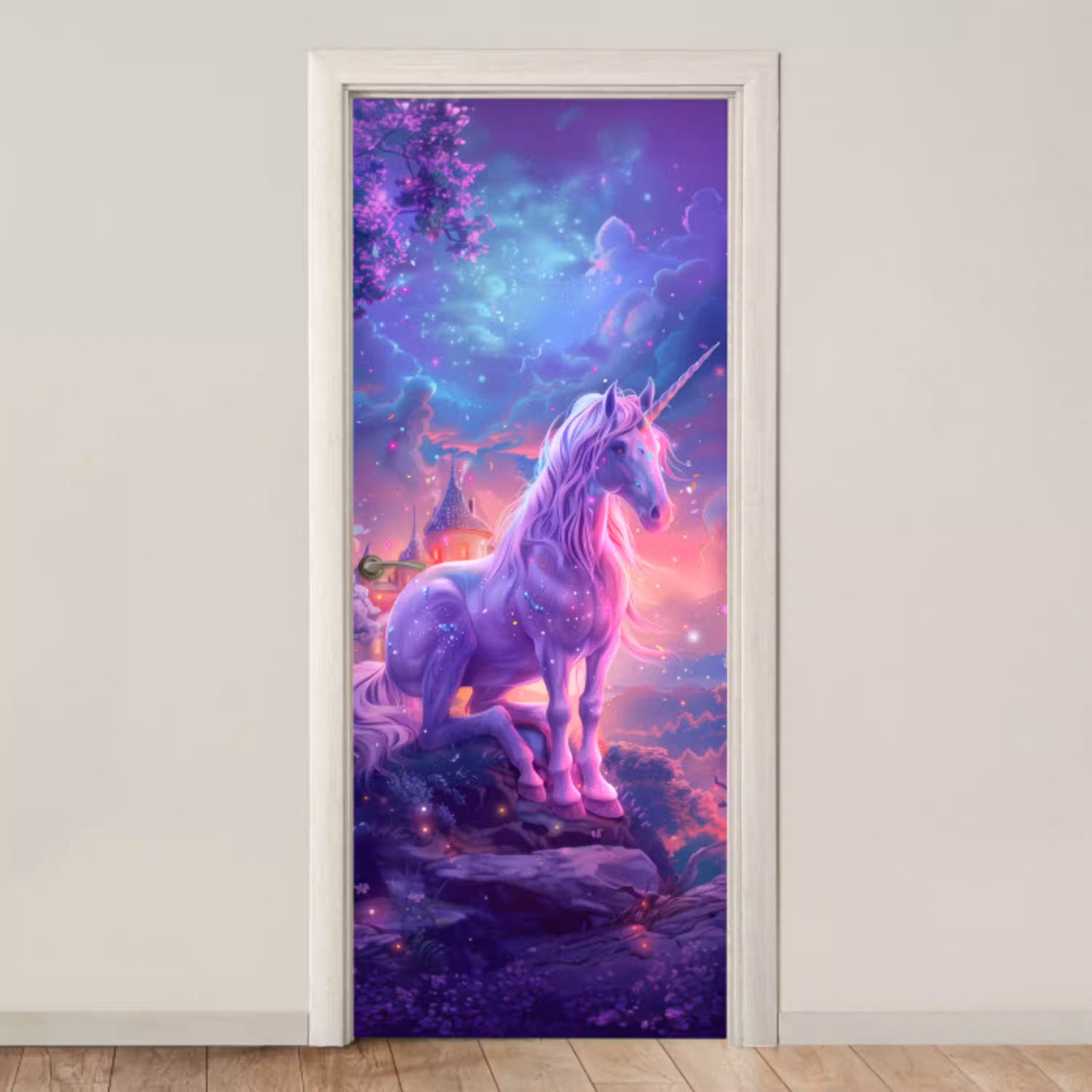 Eenhoorn - Fantasy - Kasteel - Meisje - Paars - Roze deurposter klein -3d_beige